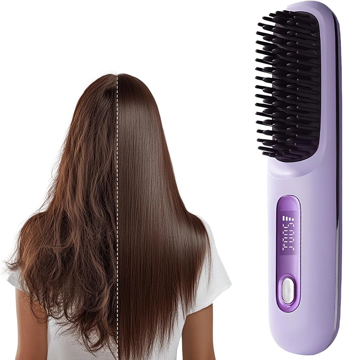 Go Brush Pro, 2026 New Go Brush Pro, Portable Straightener Brushs for Travel, with LCD Temperature Display, Portable Hair Straightener, Fast Heating Cordless Mini Hair Brushs (Purple)