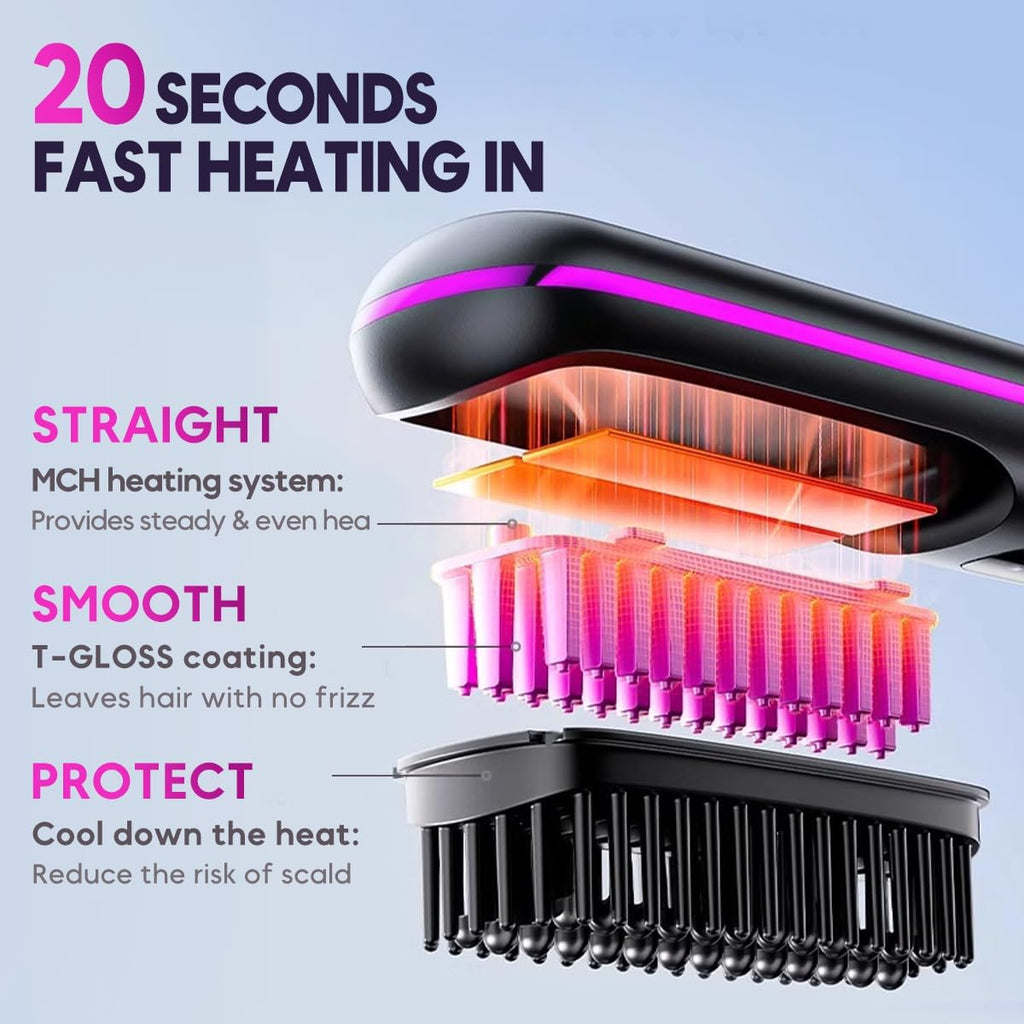 Go Brush Pro, 2026 New Go Brush Pro, Portable Straightener Brushs for Travel, with LCD Temperature Display, Portable Hair Straightener, Fast Heating Cordless Mini Hair Brushs (Purple)